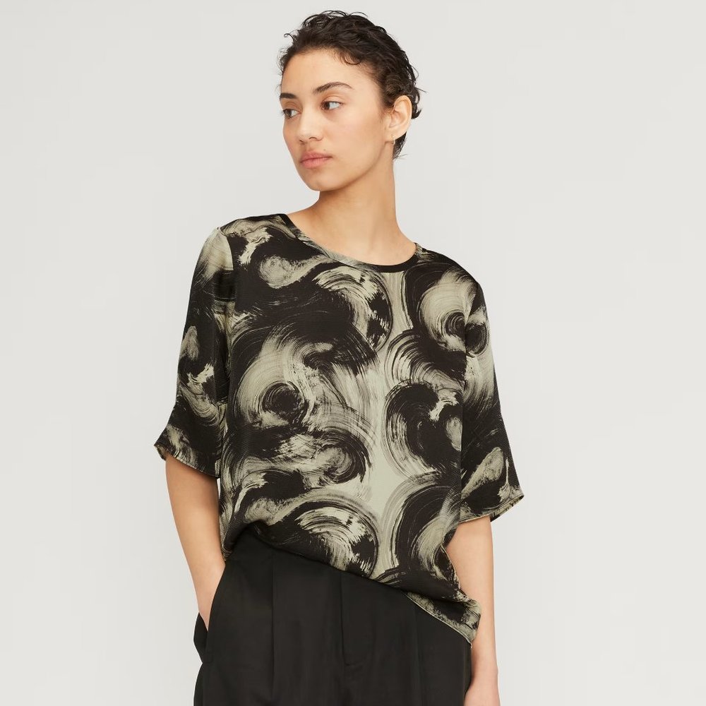 Everlane Black and Cream Abstract Blouse